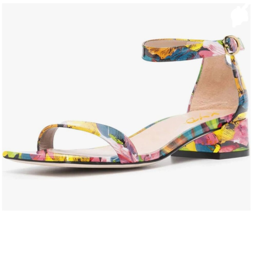 XYD Yellow Painting Open Toe Ankle Strap Buckled Low Chunky Heel Sandal